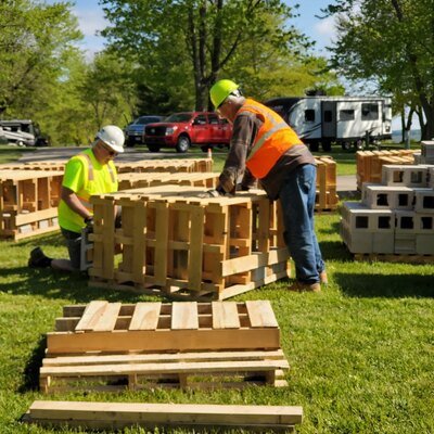 Pymatuning Lake Association volunteers helping to assemble fish cribs, habitat structures that are placed in Pymatuning Lake.
