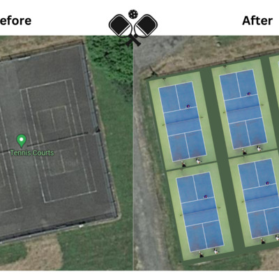 Proposed pickleball courts at the Ed Myer Complex, before and after.