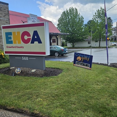 Our Meadville Street office with its Crawford Gives sign!