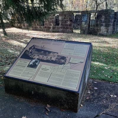 An interpretive display at the tannery site, listed on the National Register of Historic Places.