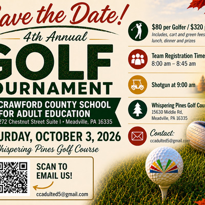Fall Golf Fundraiser; Oct. 3, 2026.  We would love for you to help make this event successful!